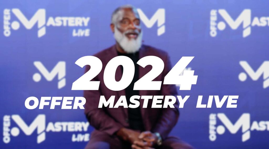Myron Golden on virtual set announcing Offer Mastery Live 2024 in Tampa, FL